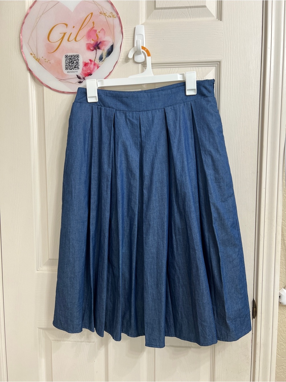 Comme Toi Pleated Denim Chambray Midi Skirt L NWOT 100% Cotton
